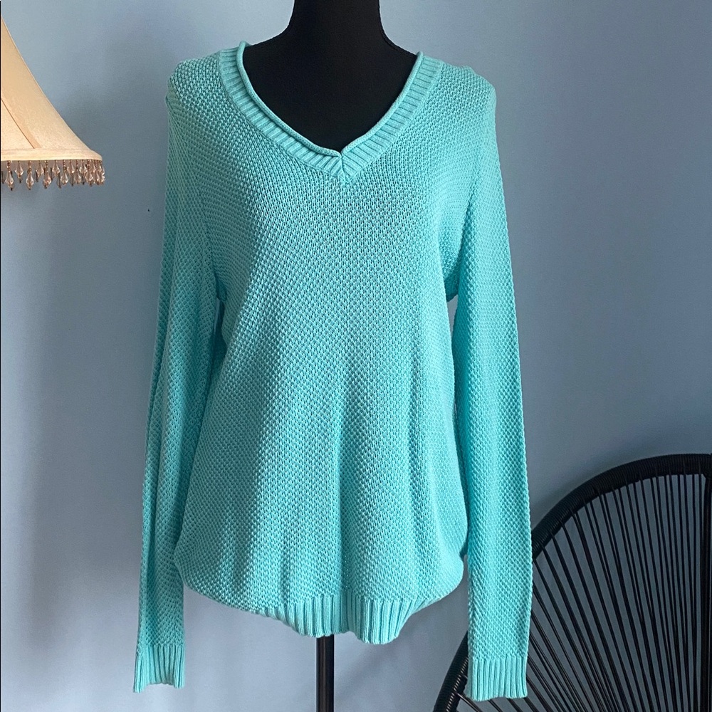 Studio Works Large Teal Blue Knit V-Neck Longsleeve Sweater
